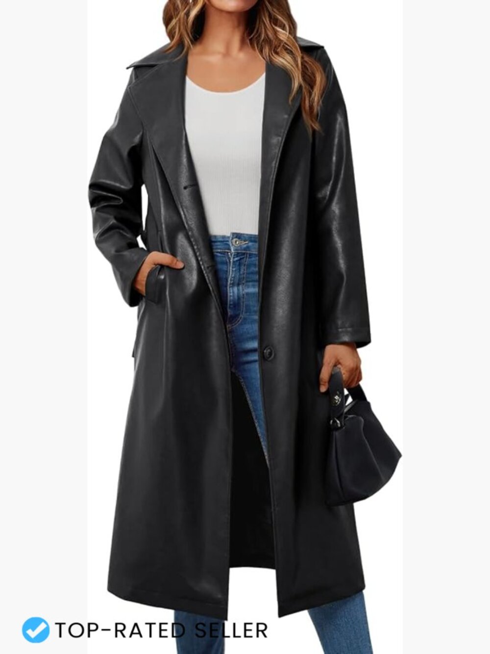Faux Leather Trench Coat Long Belted Three Breasted Lapel Minimal Chic Fall